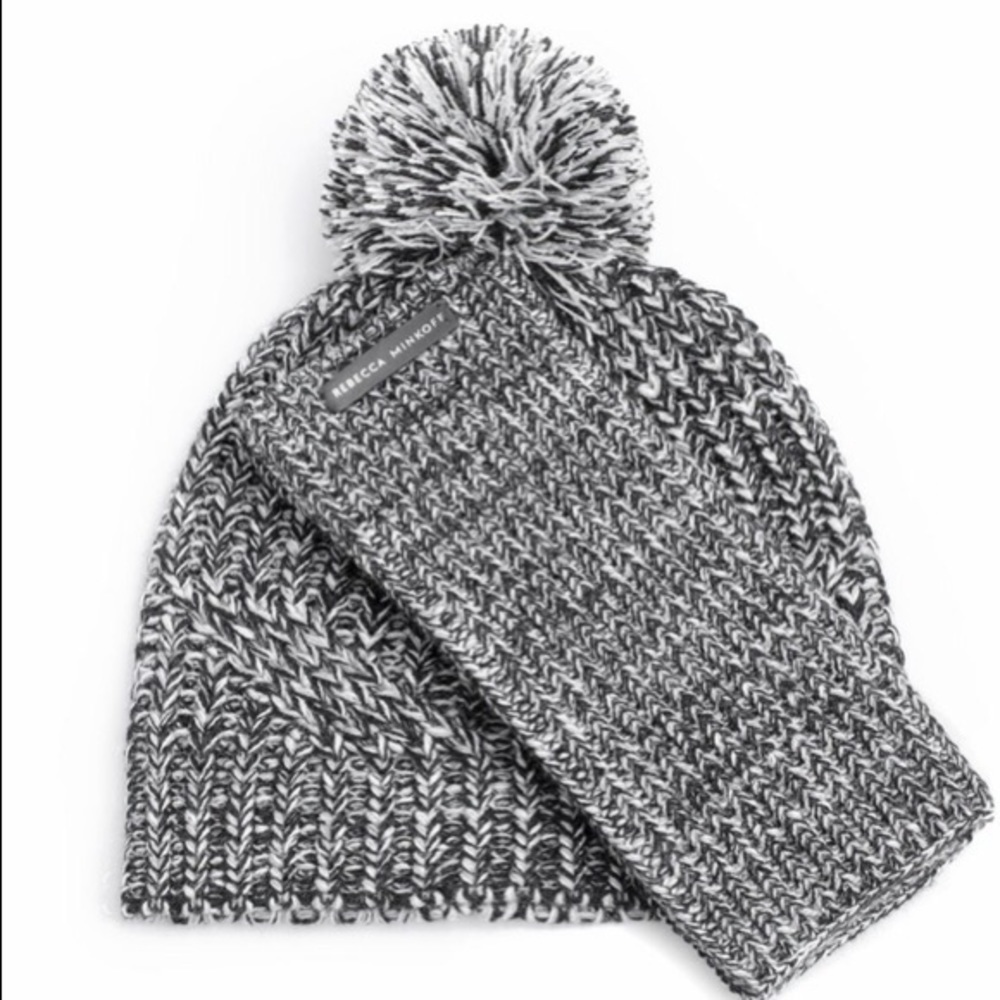 Rebecca Minkoff Gray Marled Pom Pom Beanie & Arm Warmer Glove Set O/S NWT